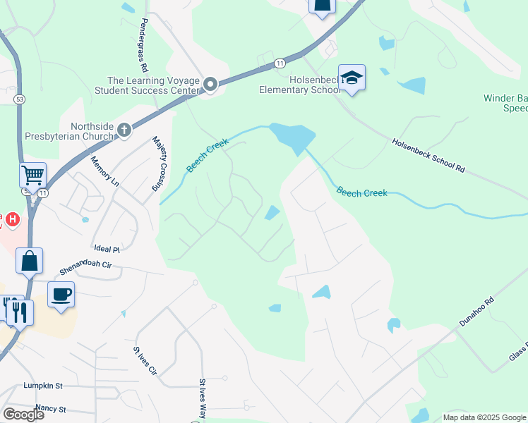 map of restaurants, bars, coffee shops, grocery stores, and more near 1824 Alberta Lane in Winder