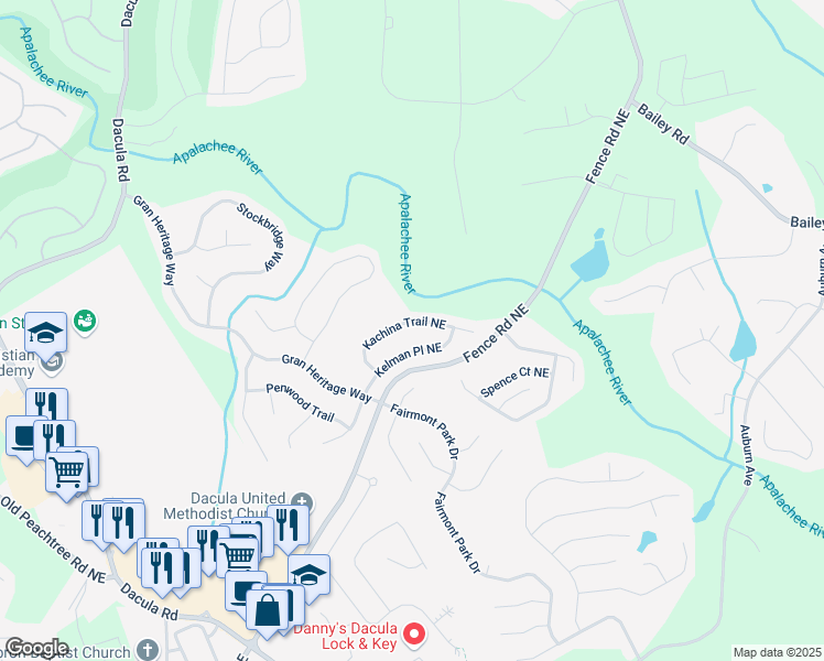 map of restaurants, bars, coffee shops, grocery stores, and more near 2573 Kachina Trail Northeast in Dacula