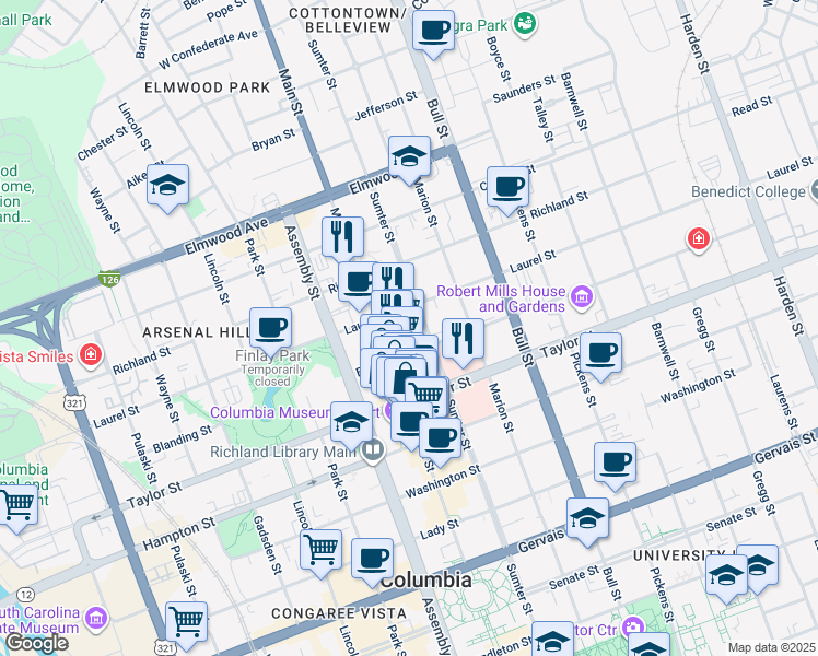 map of restaurants, bars, coffee shops, grocery stores, and more near in Columbia