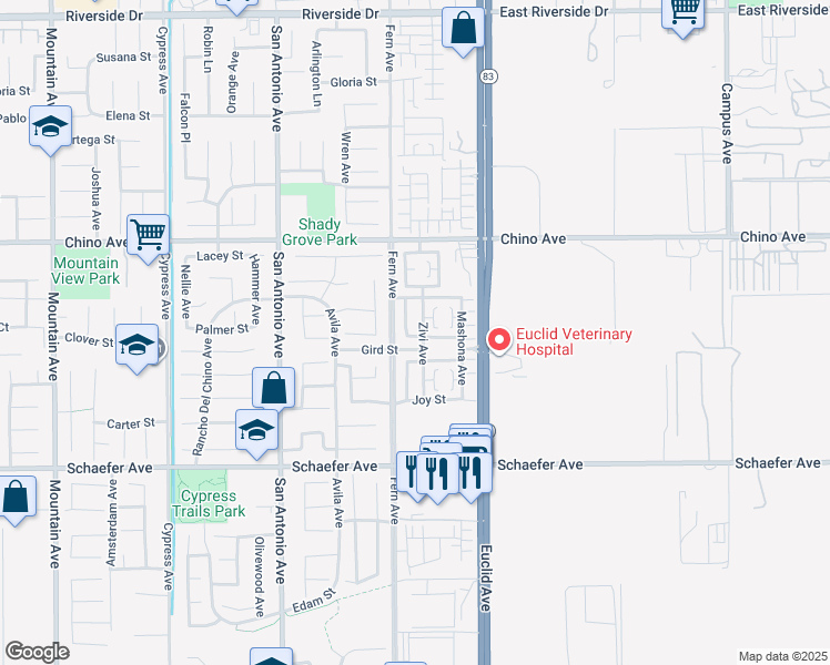 map of restaurants, bars, coffee shops, grocery stores, and more near 6938 Swiss Street in Chino