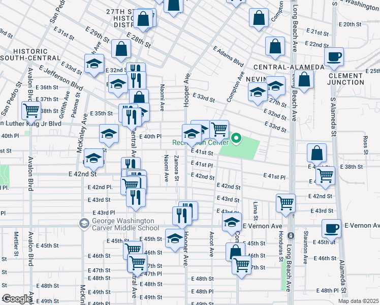 map of restaurants, bars, coffee shops, grocery stores, and more near 1302 East 41st Street in Los Angeles