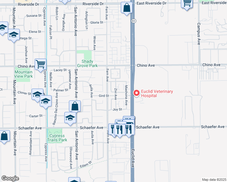 map of restaurants, bars, coffee shops, grocery stores, and more near 6938 Swiss Street in Chino