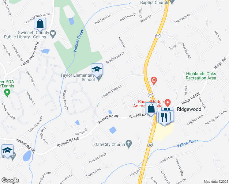 map of restaurants, bars, coffee shops, grocery stores, and more near 453 Leggett Oaks Lane in Lawrenceville