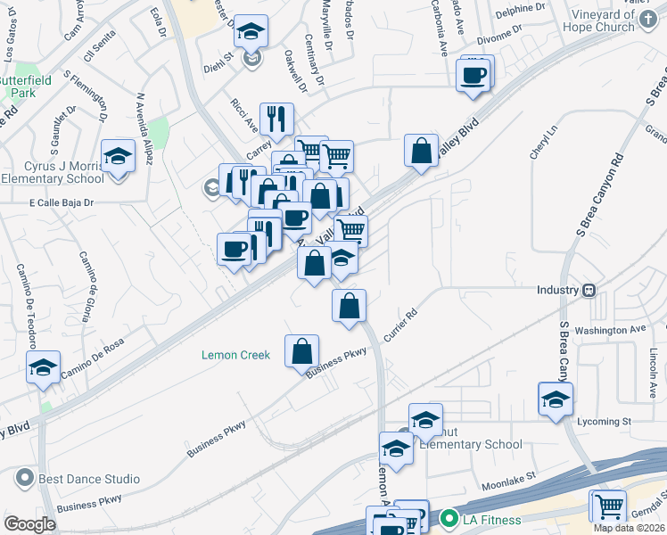 map of restaurants, bars, coffee shops, grocery stores, and more near 420 South Lemon Avenue in City of Industry