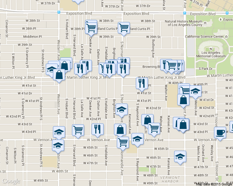 map of restaurants, bars, coffee shops, grocery stores, and more near 4060 Brighton Avenue in Los Angeles