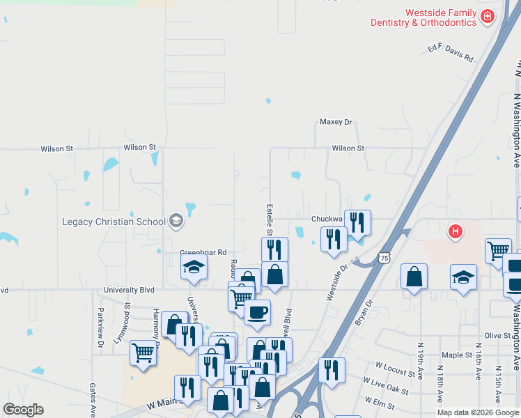 map of restaurants, bars, coffee shops, grocery stores, and more near 1801 Estelle Street in Durant