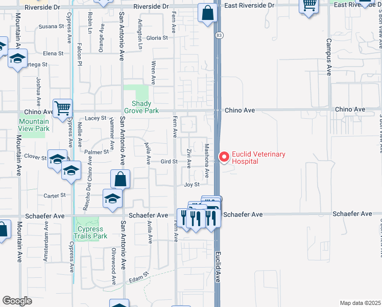 map of restaurants, bars, coffee shops, grocery stores, and more near 6982 Swiss Street in Chino