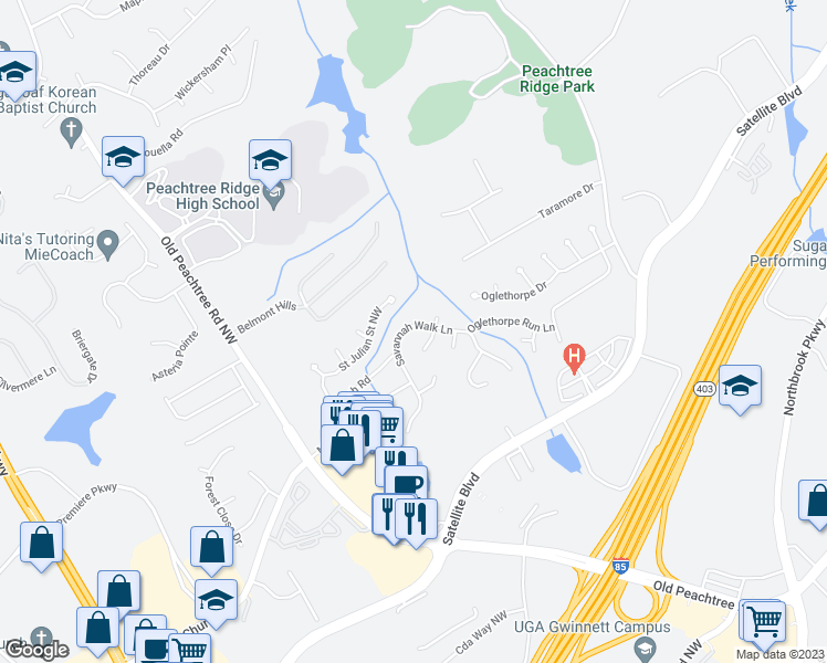 map of restaurants, bars, coffee shops, grocery stores, and more near 2978 Savannah Walk Lane in Suwanee
