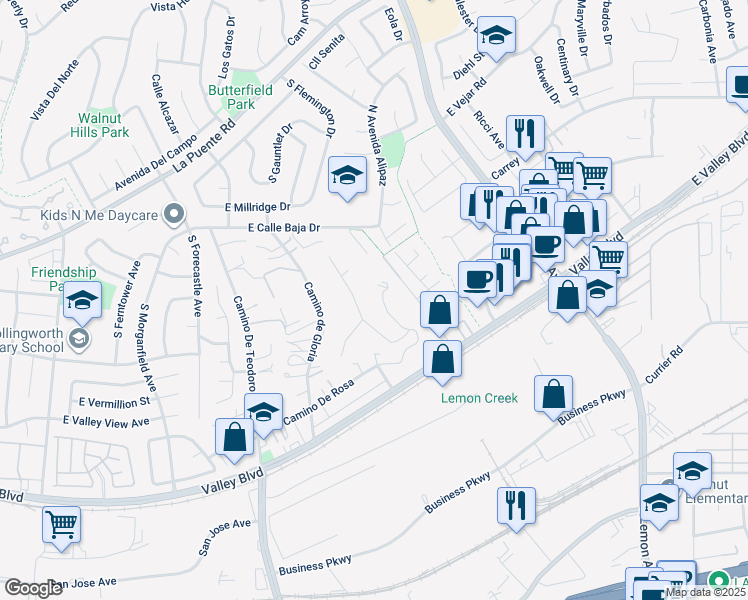 map of restaurants, bars, coffee shops, grocery stores, and more near 451 Avenida Esplendor in Walnut