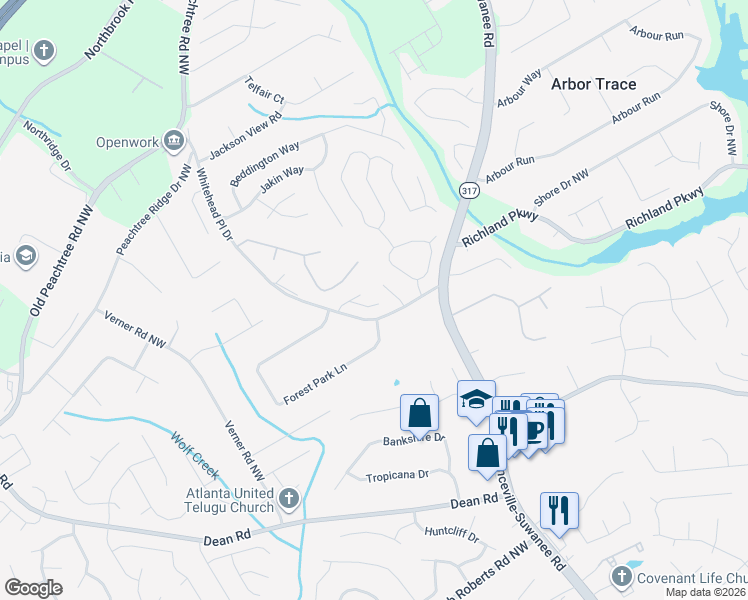map of restaurants, bars, coffee shops, grocery stores, and more near 647 Kenridge Drive in Suwanee