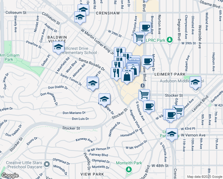 map of restaurants, bars, coffee shops, grocery stores, and more near 3770 Santa Rosalia Drive in Los Angeles
