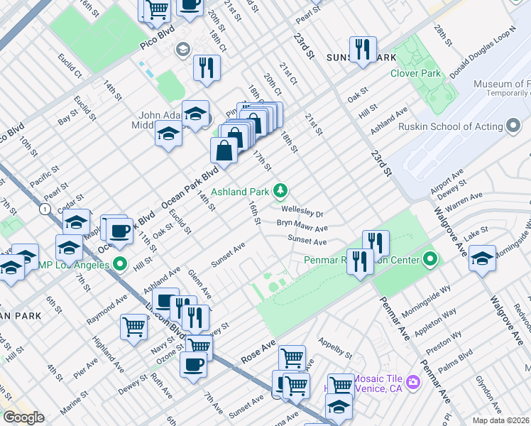 map of restaurants, bars, coffee shops, grocery stores, and more near 1616 Ashland Avenue in Santa Monica
