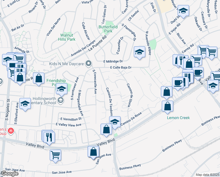 map of restaurants, bars, coffee shops, grocery stores, and more near 418 Camino De Teodoro in Walnut