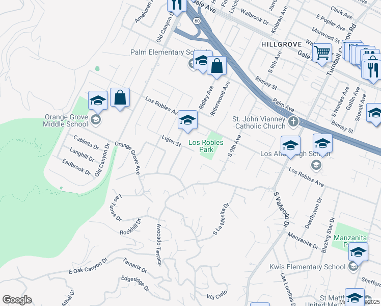 map of restaurants, bars, coffee shops, grocery stores, and more near 1601 Golden View Drive in Hacienda Heights