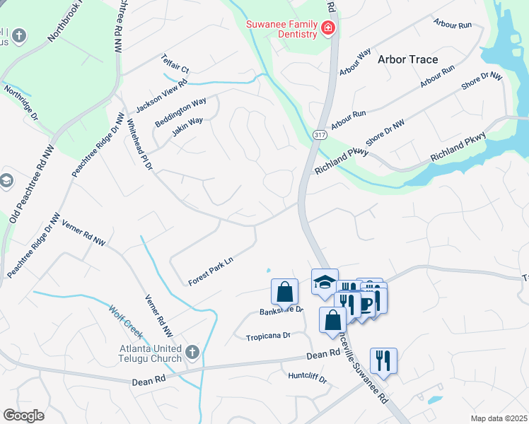 map of restaurants, bars, coffee shops, grocery stores, and more near 2340 Sailor Lane in Suwanee