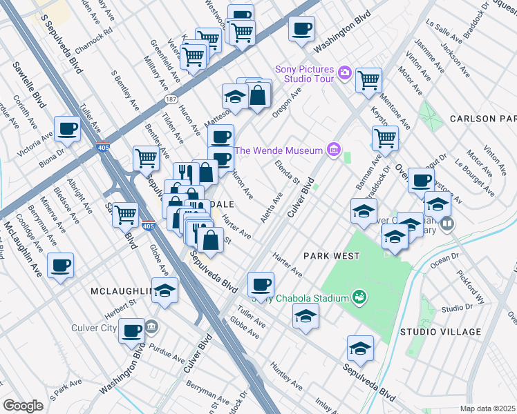 map of restaurants, bars, coffee shops, grocery stores, and more near 4120 Huron Avenue in Culver City