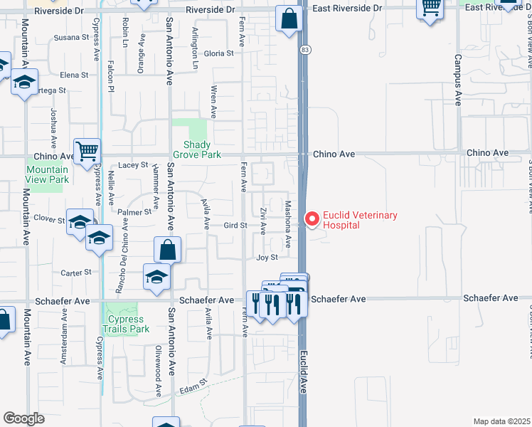 map of restaurants, bars, coffee shops, grocery stores, and more near 6982 Swiss Street in Chino