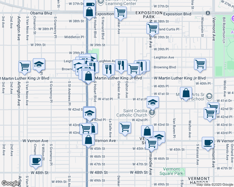 map of restaurants, bars, coffee shops, grocery stores, and more near 4045 Denker Avenue in Los Angeles