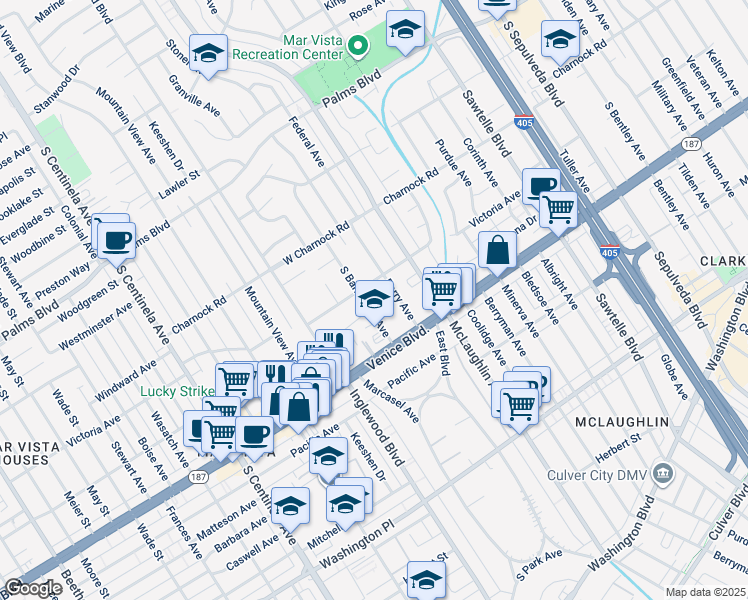map of restaurants, bars, coffee shops, grocery stores, and more near 3706 South Barrington Avenue in Los Angeles
