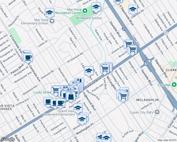 map of restaurants, bars, coffee shops, grocery stores, and more near 3718 South Barrington Avenue in Los Angeles