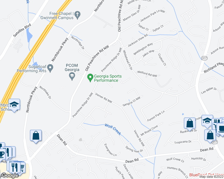 map of restaurants, bars, coffee shops, grocery stores, and more near 2512 Ripple Way in Lawrenceville