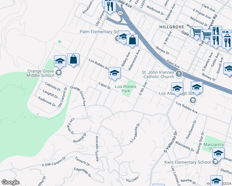map of restaurants, bars, coffee shops, grocery stores, and more near 1601 Golden View Drive in Hacienda Heights
