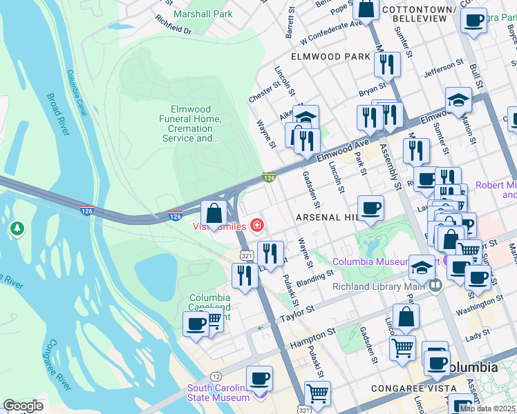 map of restaurants, bars, coffee shops, grocery stores, and more near 900 Vista Towers Drive in Columbia