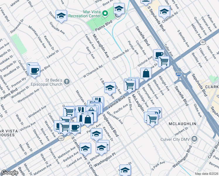 map of restaurants, bars, coffee shops, grocery stores, and more near 3718 South Barrington Avenue in Los Angeles