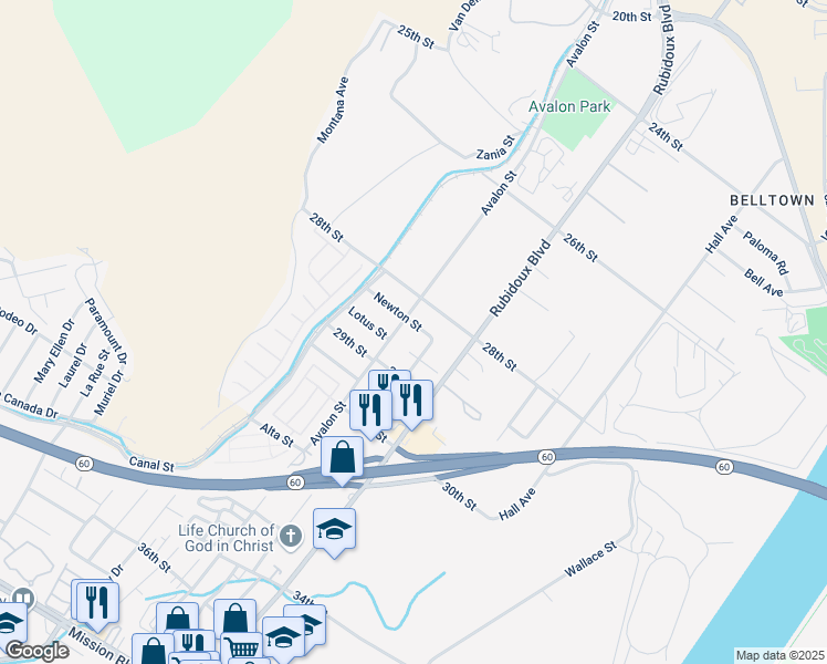 map of restaurants, bars, coffee shops, grocery stores, and more near 5691 Newton Street in Riverside