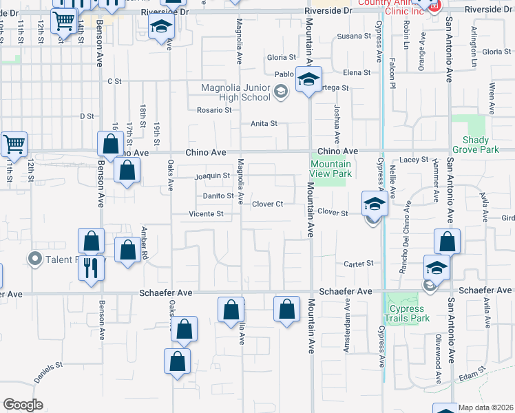 map of restaurants, bars, coffee shops, grocery stores, and more near 6150 Clover Court in Chino