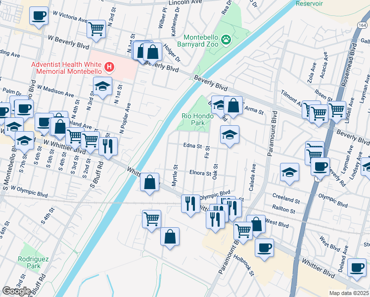 map of restaurants, bars, coffee shops, grocery stores, and more near 8311 Edna Street in Pico Rivera