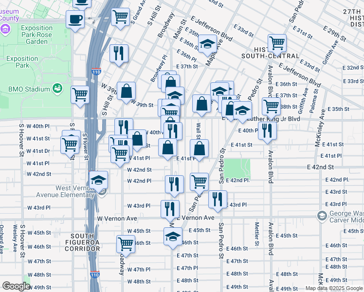 map of restaurants, bars, coffee shops, grocery stores, and more near 4076 South Main Street in Los Angeles