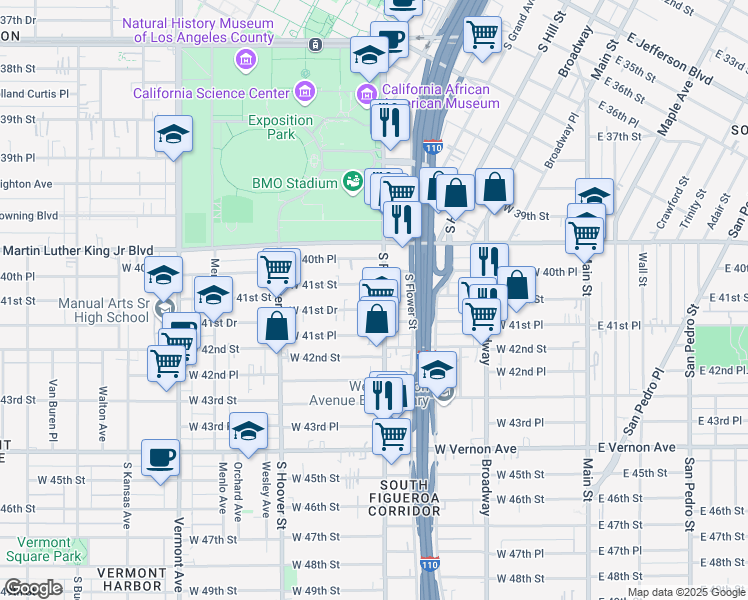 map of restaurants, bars, coffee shops, grocery stores, and more near 4072 South Figueroa Street in Los Angeles