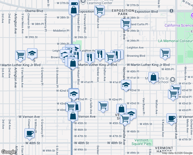 map of restaurants, bars, coffee shops, grocery stores, and more near 4045 Denker Avenue in Los Angeles