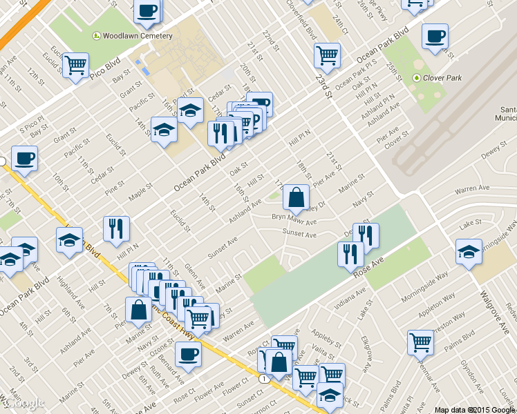 map of restaurants, bars, coffee shops, grocery stores, and more near in Santa Monica