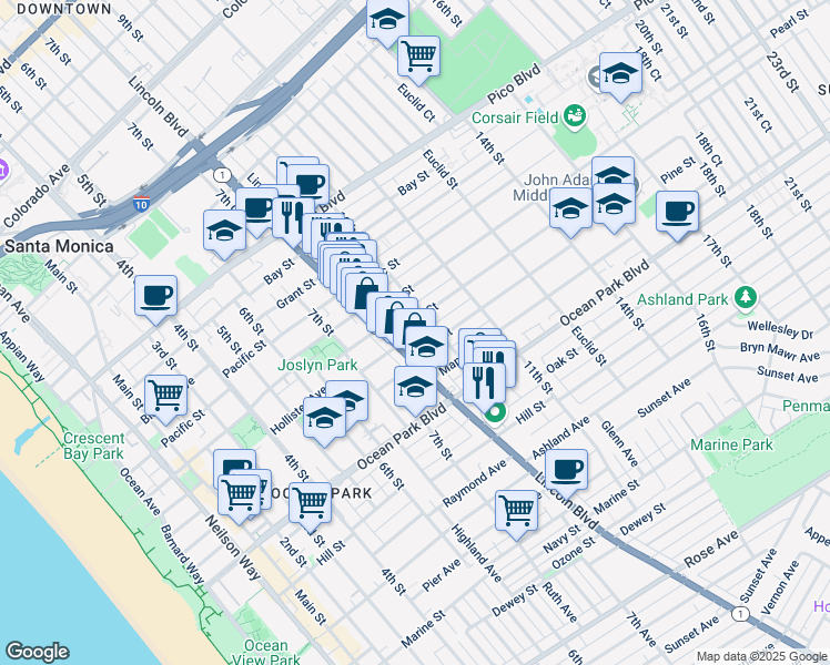 map of restaurants, bars, coffee shops, grocery stores, and more near 844 Cedar Street in Santa Monica