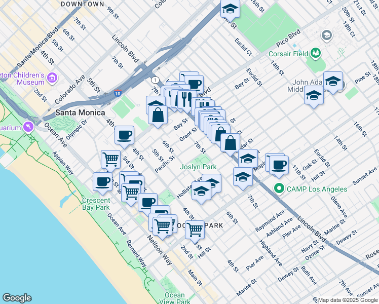 map of restaurants, bars, coffee shops, grocery stores, and more near 650 Pacific Street in Santa Monica