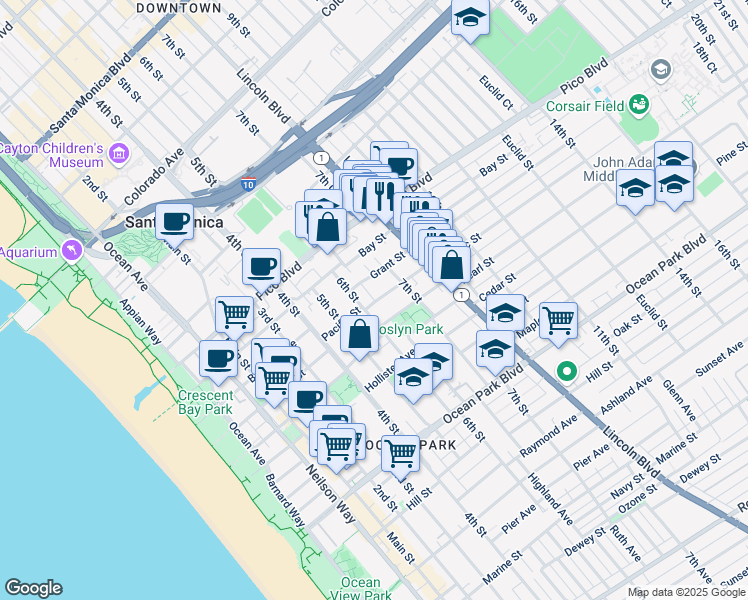 map of restaurants, bars, coffee shops, grocery stores, and more near 614 Grant Street in Santa Monica