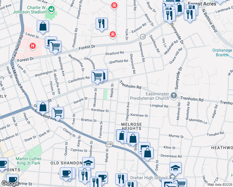map of restaurants, bars, coffee shops, grocery stores, and more near 1527 Gladden Street in Columbia