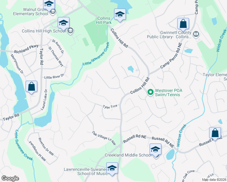 map of restaurants, bars, coffee shops, grocery stores, and more near 1971 Wildcat Cliffs Lane in Lawrenceville