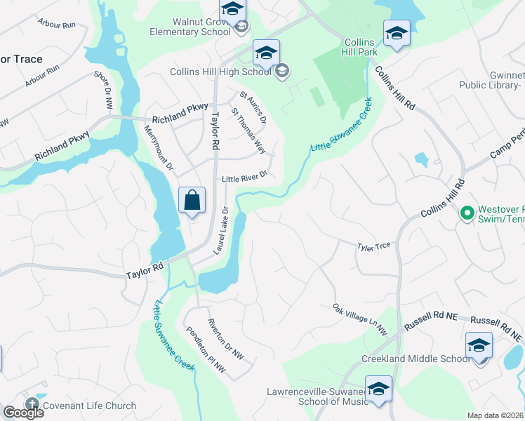 map of restaurants, bars, coffee shops, grocery stores, and more near 2101 Oak Village Lane Northwest in Lawrenceville
