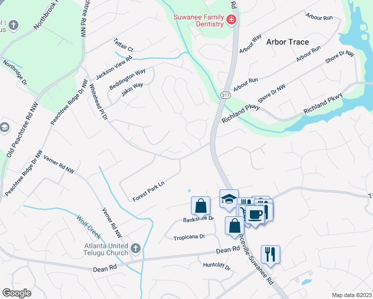 map of restaurants, bars, coffee shops, grocery stores, and more near 2340 Sailor Lane in Suwanee