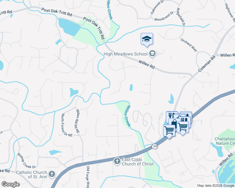 map of restaurants, bars, coffee shops, grocery stores, and more near 595 Boulder Way in Roswell