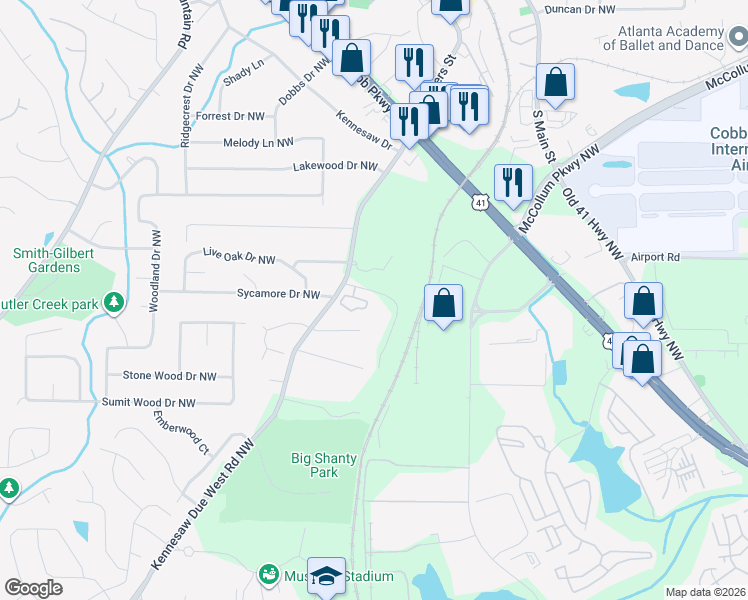 map of restaurants, bars, coffee shops, grocery stores, and more near 2232 Orchard Park Circle Northwest in Kennesaw