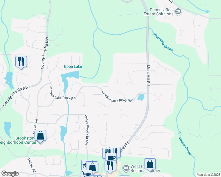 map of restaurants, bars, coffee shops, grocery stores, and more near 5511 Fripp Court Northwest in Acworth