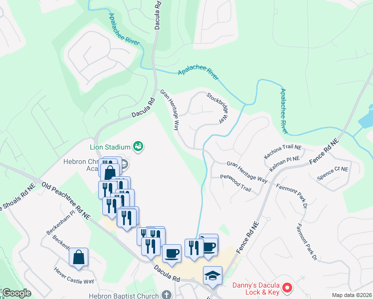 map of restaurants, bars, coffee shops, grocery stores, and more near 670 Gran Heritage Way in Dacula