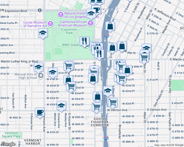 map of restaurants, bars, coffee shops, grocery stores, and more near 4125 South Figueroa Street in Los Angeles