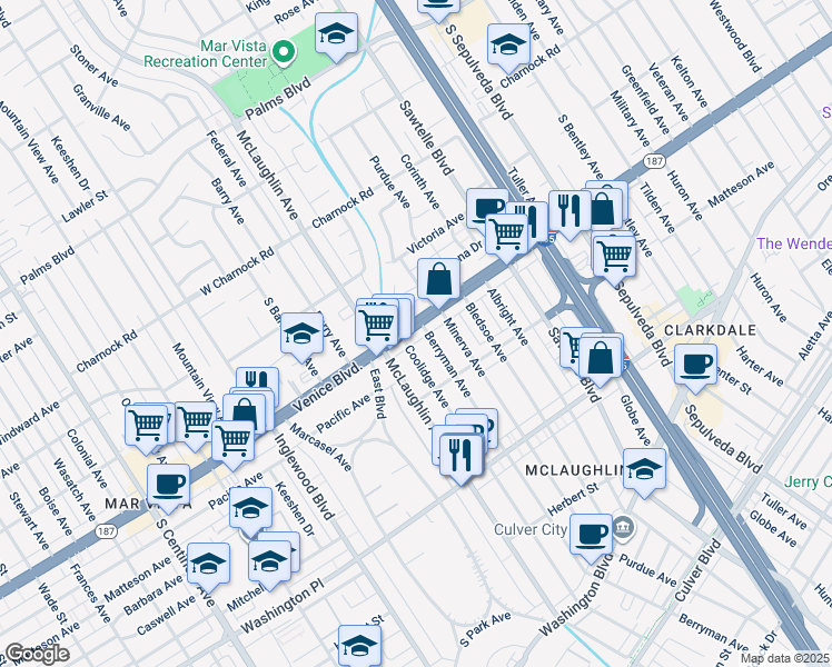 map of restaurants, bars, coffee shops, grocery stores, and more near 11510 Venice Boulevard in Los Angeles