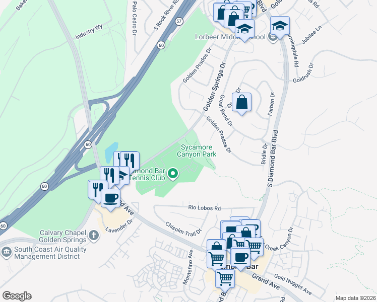 map of restaurants, bars, coffee shops, grocery stores, and more near 22885 Hilton Head Drive in Diamond Bar