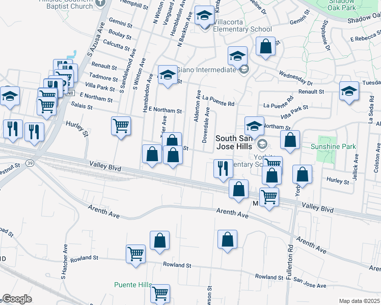 map of restaurants, bars, coffee shops, grocery stores, and more near 17846 Hurley Street in La Puente